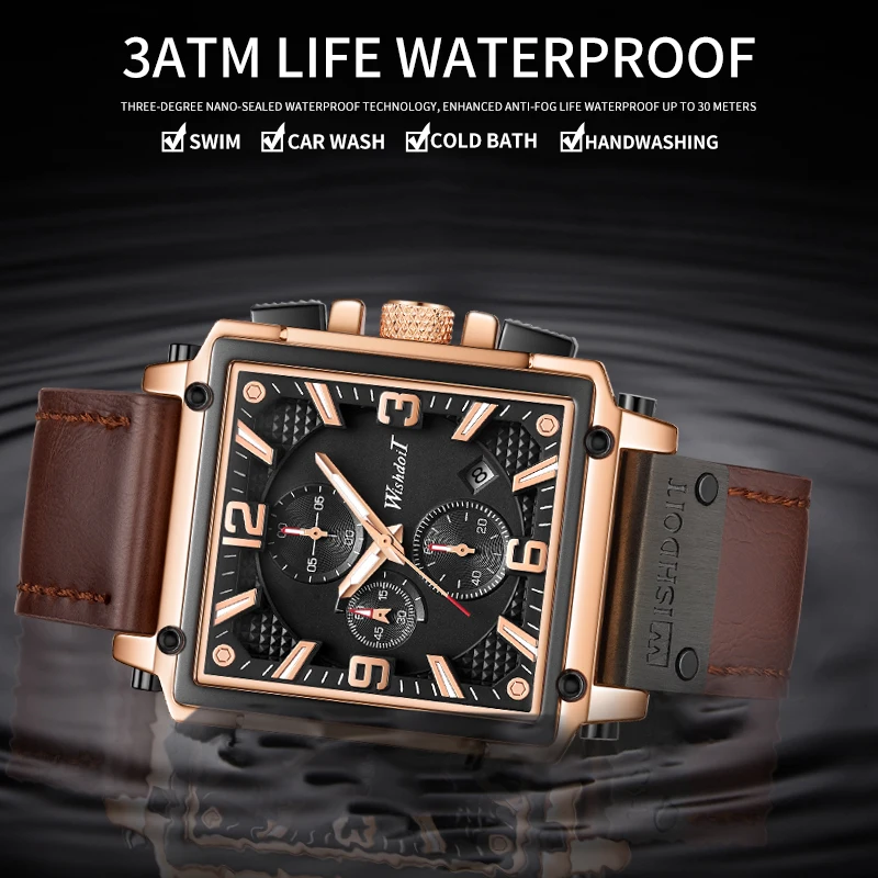 2021 New Fashion Waterproof Men's Watch Top Brand Luxury Leather Square Large Dial Sports Quartz Chronograph Relogio Masculi