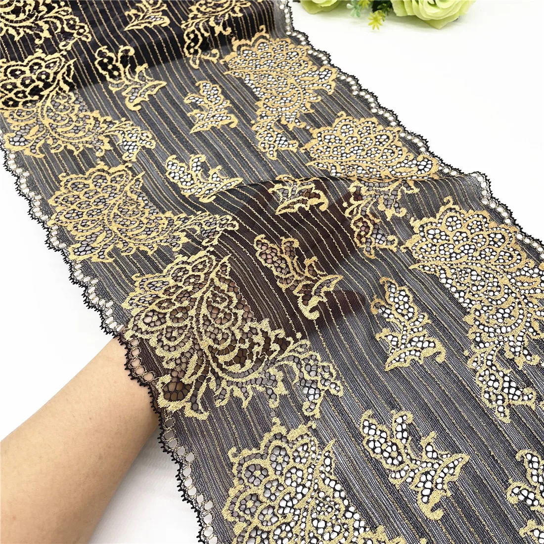 3y/lot Width 11 inch 28cm Ginger Black Yellow Stretch Elastic Wide Lace Trim 3