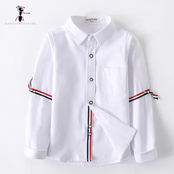 

2020 New Spring Solid color Ribbon Decoration Boy Shirt Blue White School Shirt School Uniforms 3T-12T Big Kids Shirt