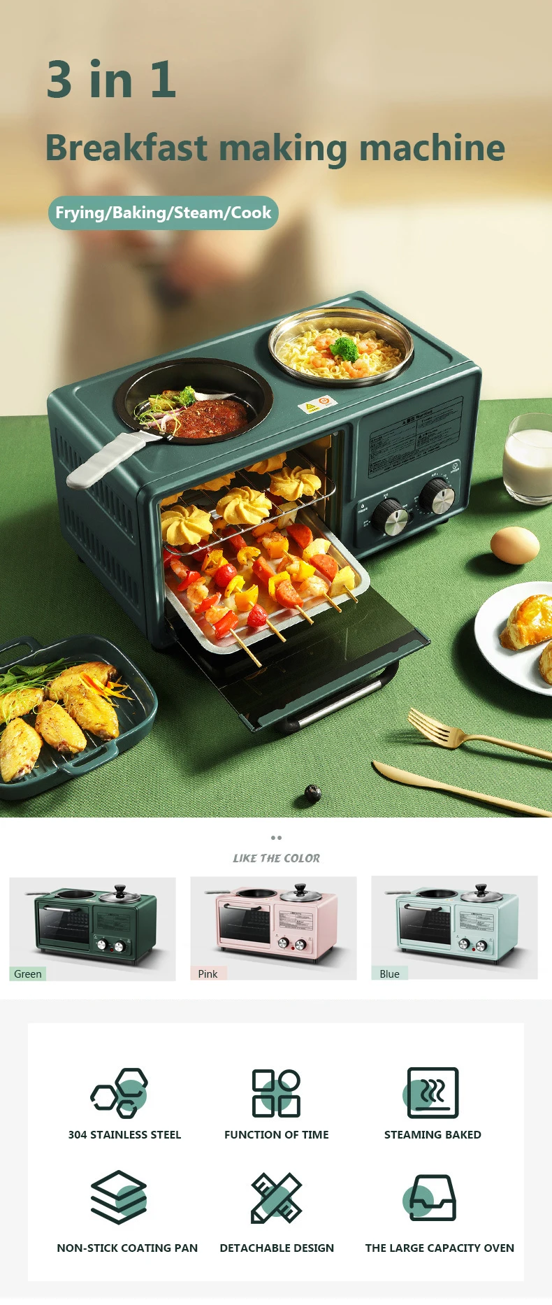 Description Picture 2 of itemCUKYI Electric 3 in 1 Household Breakfast machine mini bread toaster baking oven omelette fry pan hot pot boiler food steamer EU