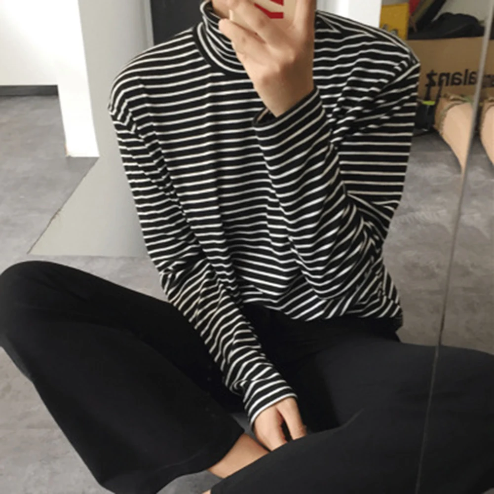 

New Autumn E-girl Harajuku Turtleneck Korean School Style Basic Tops Long Sleeve Striped Pullovers Femme Bottoming Tee Tops