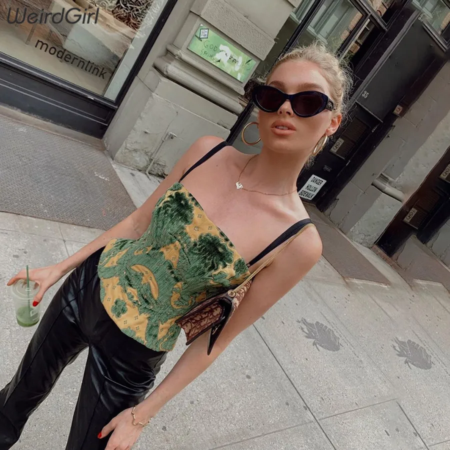 

Weirdgirl Women camis sexy party club print backless button Strappy Bustier Vest Crop Top Bralette Women Clothes New summer