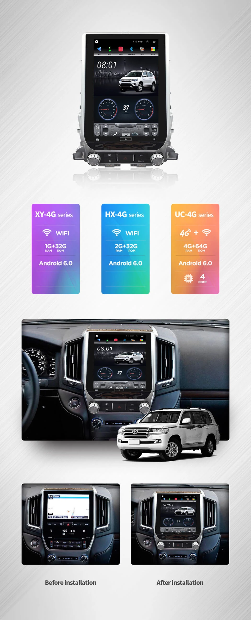 13,8 дюймов 4G Lte вертикальный экран android система Мультимедиа Видео Радио плеер для Toyota LAND CRUISER лет навигации