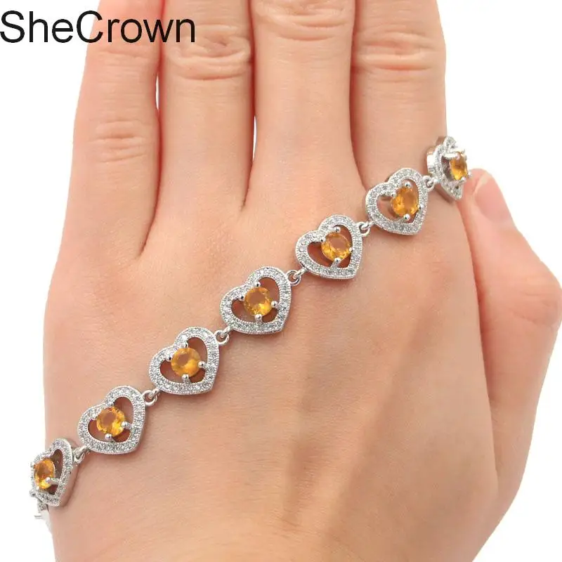 

17x11mm Deluxe Heart Shape Golden Citrine White Cubic Zirconia Woman's Party Silver Bracelet 7.0-8.0in "