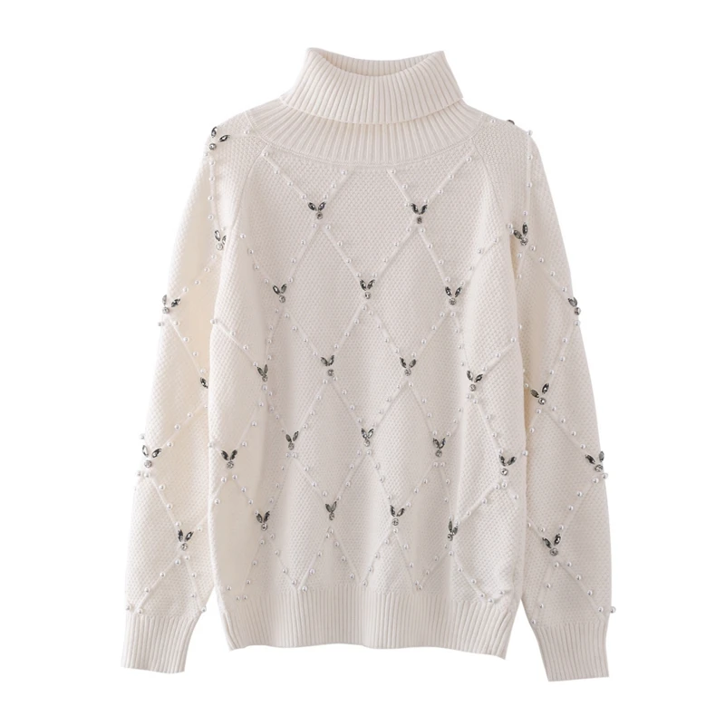 Diamonds beading turtleneck white sweater women