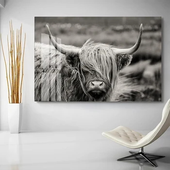 

Black and White Scottish Highland Yak Canvas Painting Animals Posters and Prints Nordic Wall Art Pictures for Living Room Decor