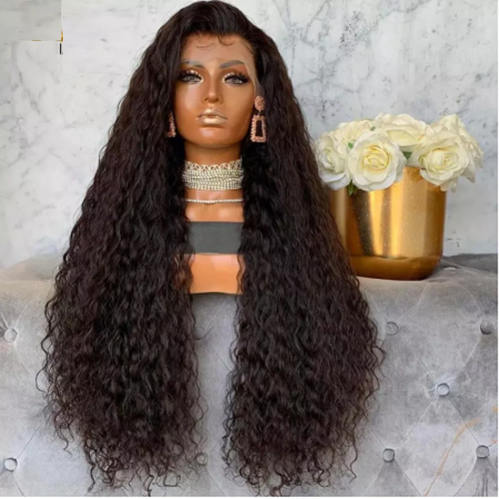 

Glueless Long Kinky Curly Jet Black Synthetic 13*4 Lace Front Wigs For Women Middle Ratio Cosplay Wig Daily Wig Free Shipping