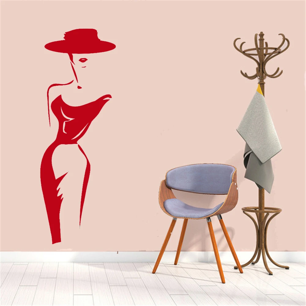 

Vinyl Wall Decal Lady Hat Fashion Model Wall Sticker Elegant Woman Home Bedroom Decor Removable Beauty Salon Wall Mural