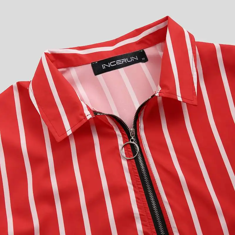 INCERUN Fashion Men Striped Long Sleeve Lapel Casual Shirt Vintage Zipper Mens Blouse Joker Social Slim Fitness Streetwear 3XL