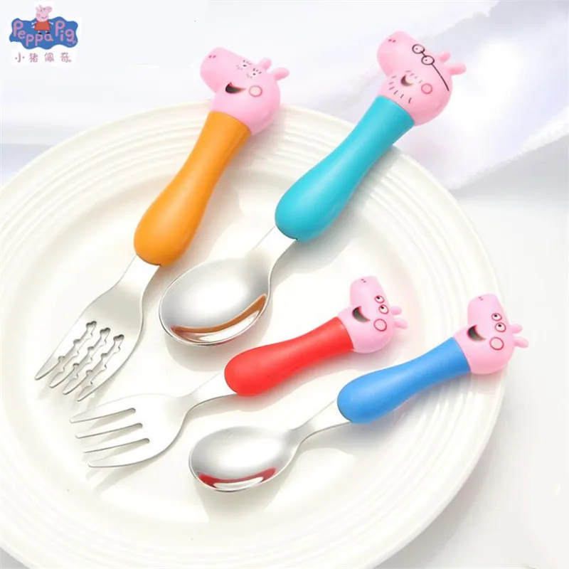 

Original Peppa Pig Cute Cartoon Pattern Tableware Spoon Fork Set Dining Lunch George Action Figure Toys For Children Best Gifts