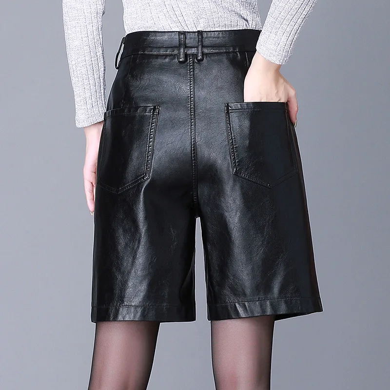 PU Leather Shorts Women 2020 New Korean Style Autumn Winter High Waist All-match BF Wide Leg Five-Point Casual Shorts Slim Fit