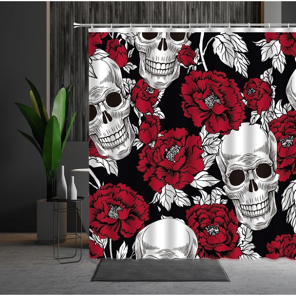 

Skull Skeleton Bath Shower Curtains Halloween Horror Funny Black Background Bathroom Waterproof Polyester Screen Home Decoration