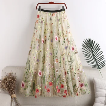 

floral embroidery women skirts 2020 summer new high waist pleated A-line knee-length office lady skirts top quality