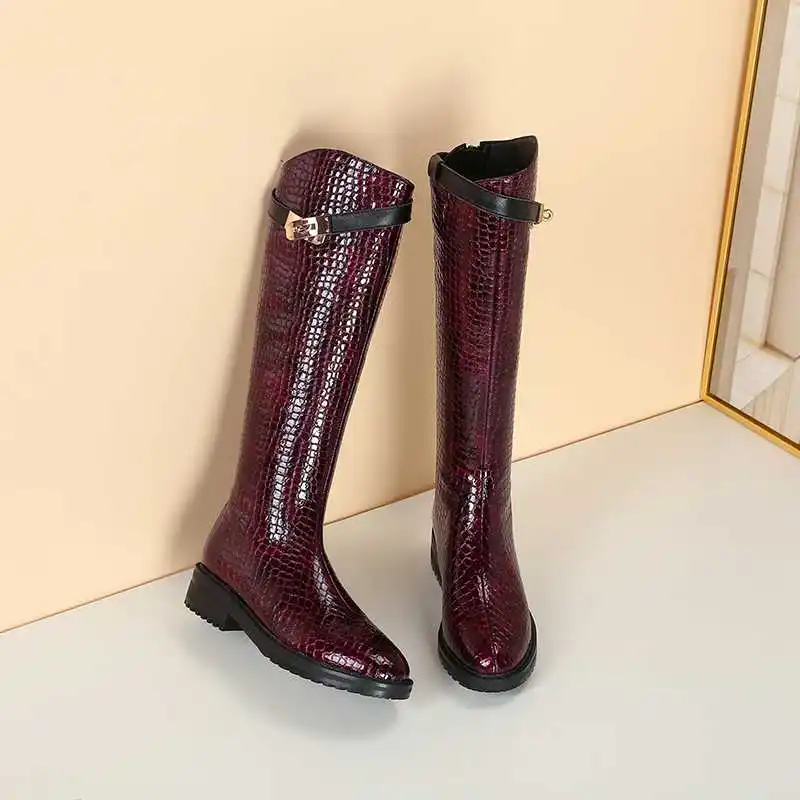 Luxury brand new winter thigh high boots women riding boots stone pattern metal buckle keep warm knight boots zapatos de mujer