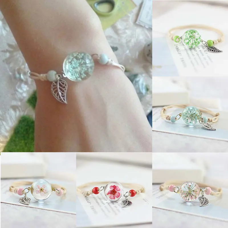 Glass Ball Dried Dandelion Bracelets Ceramic Hand-made Dried Flower Charm Bracelets Girls Gifts Natural Flower Weave Jewelry charm bracelet