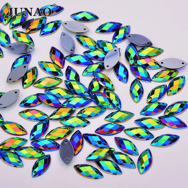

JUNAO 7x15mm Sewn on Black AB Flatback Rhinestones Horse Eye Acrylic Strass Glitter Crystal Stone for Needlework Crafts