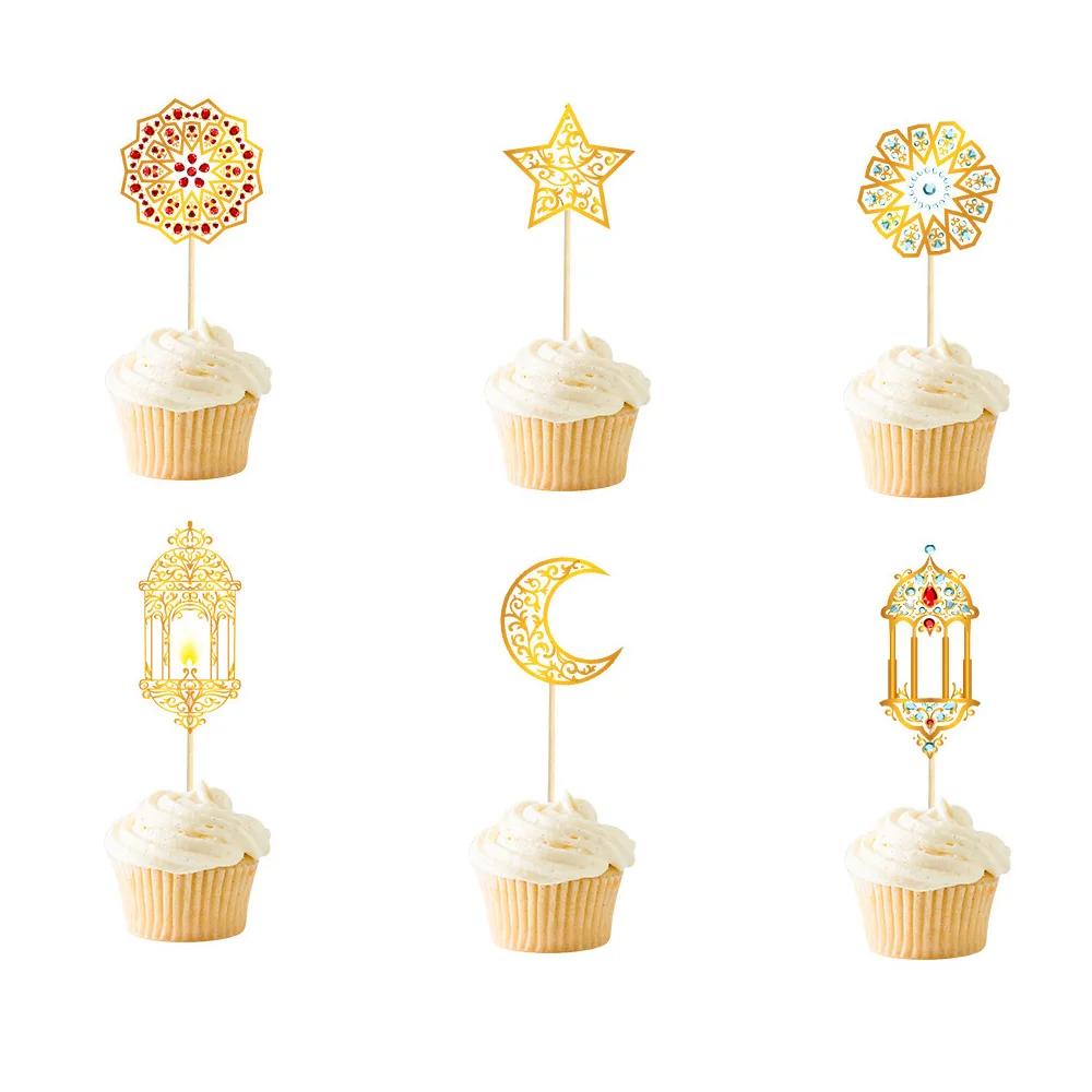 6Pcs Golden Eid Mubarak Cake Toppers Moon Star Cupcake Ornament Decor Dessert Adornment For Ramadan Party Decorations | Дом и сад