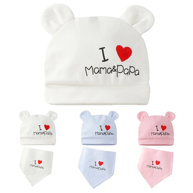 I Love Mama Baby Hat Scarf Boys Girls Cap Beanie Cotton Infant Newborn Hat with Ear Baby Bonnet Bear Hat