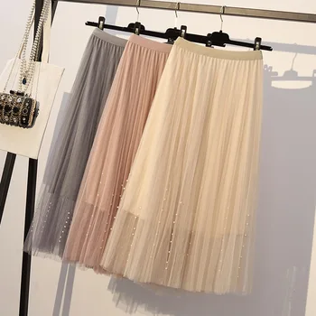 

2019 Summer Short Women Skirt 5XL Plus Size Flexible Waist Beading Decoration Two Layers Skirt for Girls Office Lady