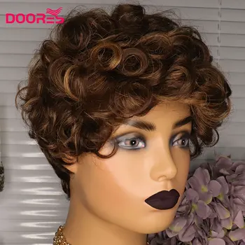 

Short Human Hair Highlight Wig Loose Curly with Bangs Full Machine for Women Remy Hair Wigs