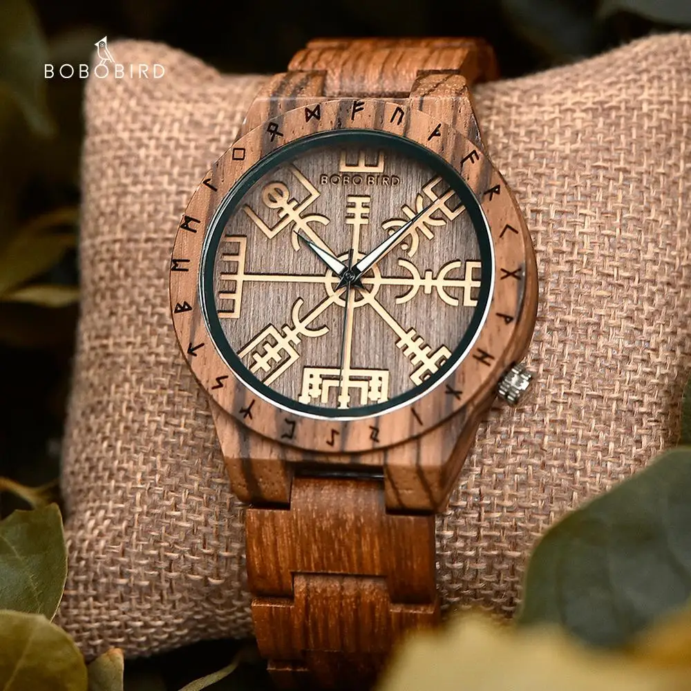 Часы BOBO BIRD Wood для мужчин брендовые роскошные с компасом и рунами подарок на