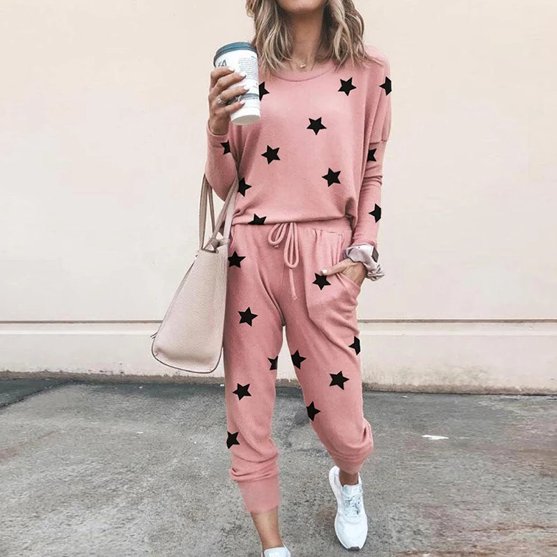 

Autumn Women Long Sleeve Shirts + Drawstring Trousers Cloting Set Female Printed Pattern Loose Cloting Set