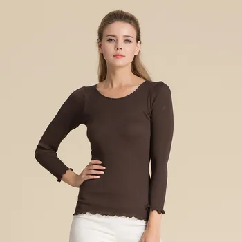 

Autumn Women's Real Silk Ribbed Pattern Knit Low Waist Jersey 100% Mulberry Silk Silk Crew Neck Long-sleeved T-shirt WOMEN'S Top