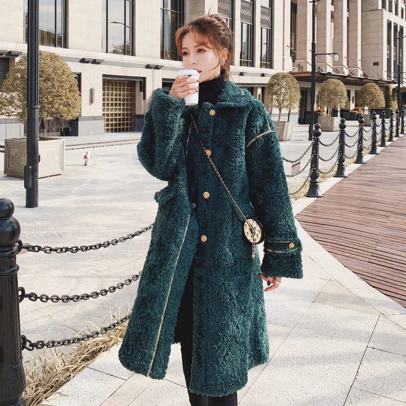Women's Winter Coat Long Dark Green Thick Lapel Jacket Loose Fashion