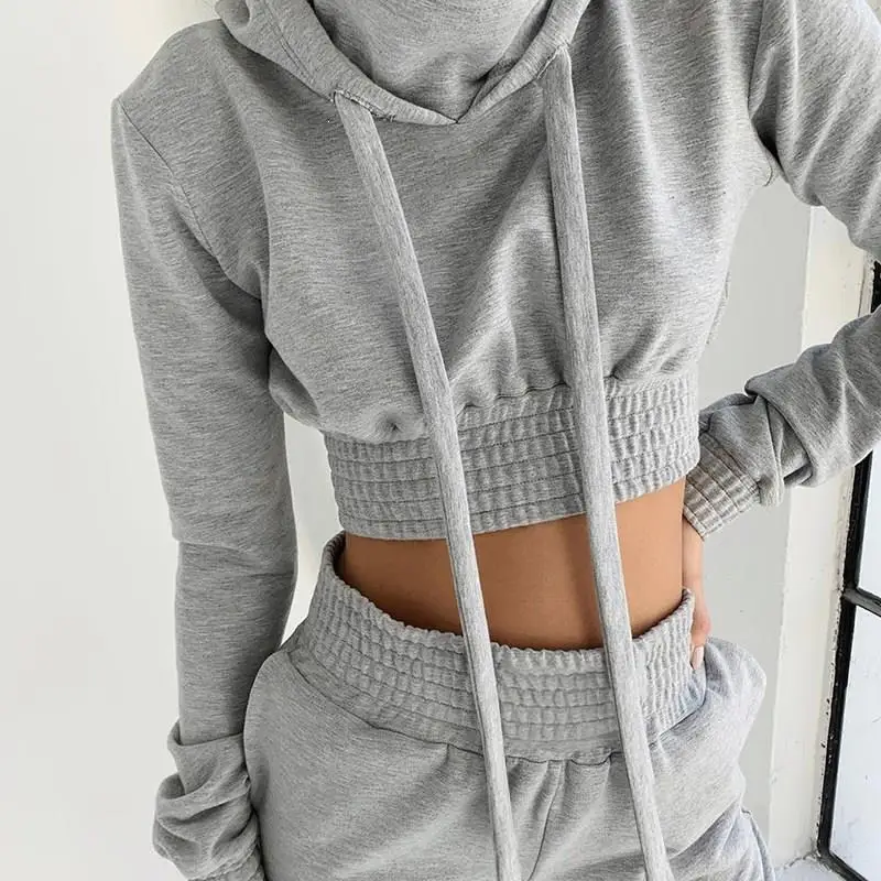 

Long Sleeve Hooded Crop Sweatshirt Pants Suit Two Pieces Set Streetwear Autumn Winter Women Hoodies Top Trousers Tracksuits