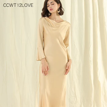 

Elegant Women Champagne Gold Dress Midi Autumn Solid a Line Casual Satin Dress 2019 Long S Ladies Long Sleeve Dress