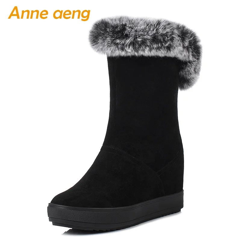 

2019 New Winter Women Snow Boots Wedge Hidden Heel Round Toe Rabbit Fur Casual Women Platform Shoes Black Warm Ankle Boots