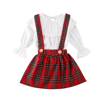 

Christmas Plaid 2Pcs Set Baby Girl Clothes Ruffle Plaid Strap Skirt Long Sleeve Top Plaid Strap Skirt Outfit Sets
