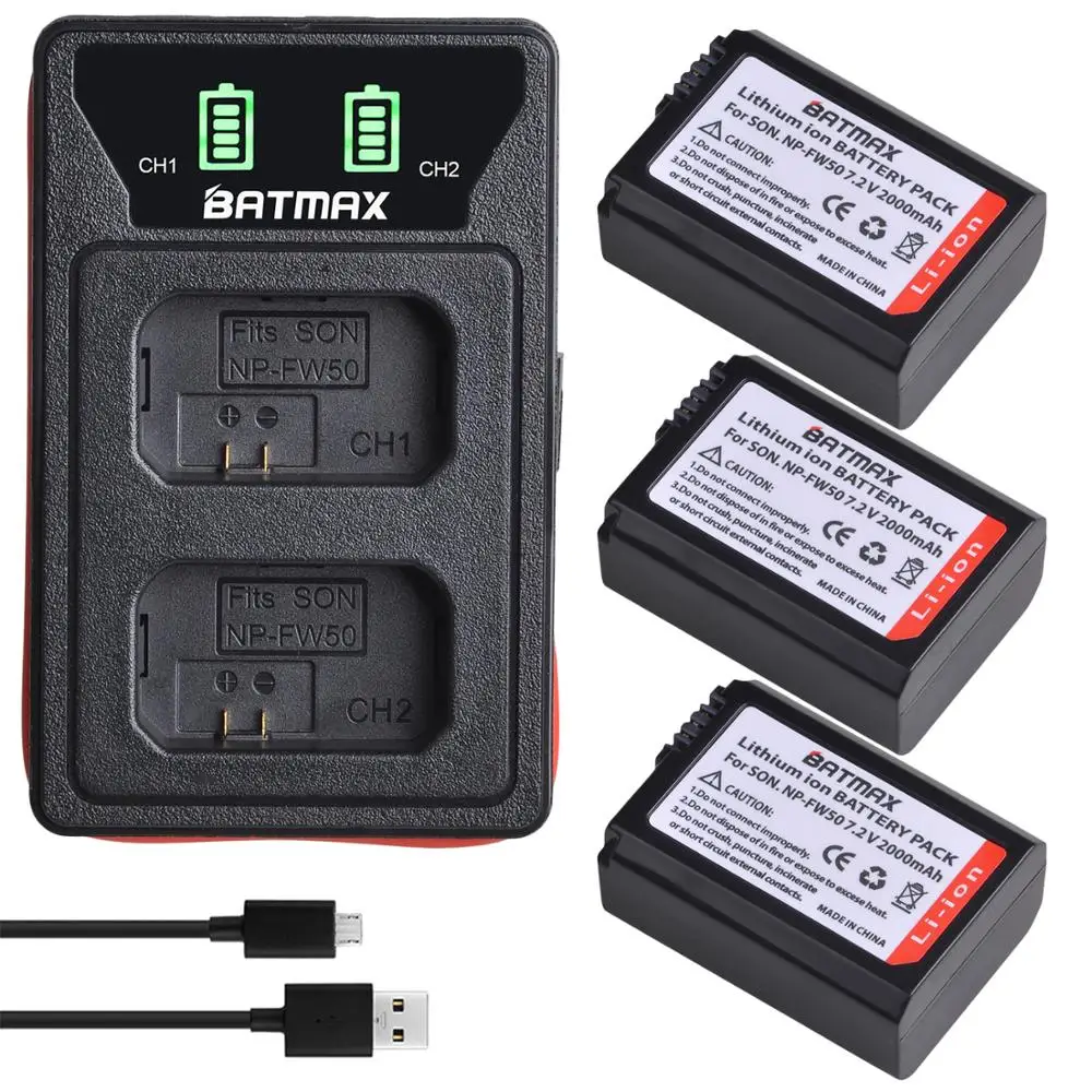 Batteria 3X 2000Mah Np-Fw50 Np Fw50 + Caricabatterie Usb Integrato A Led Per Sony Nex-5 Nex-7 Slt-A55 A33 A55 A37 A3000 A5000 A5100 A6000