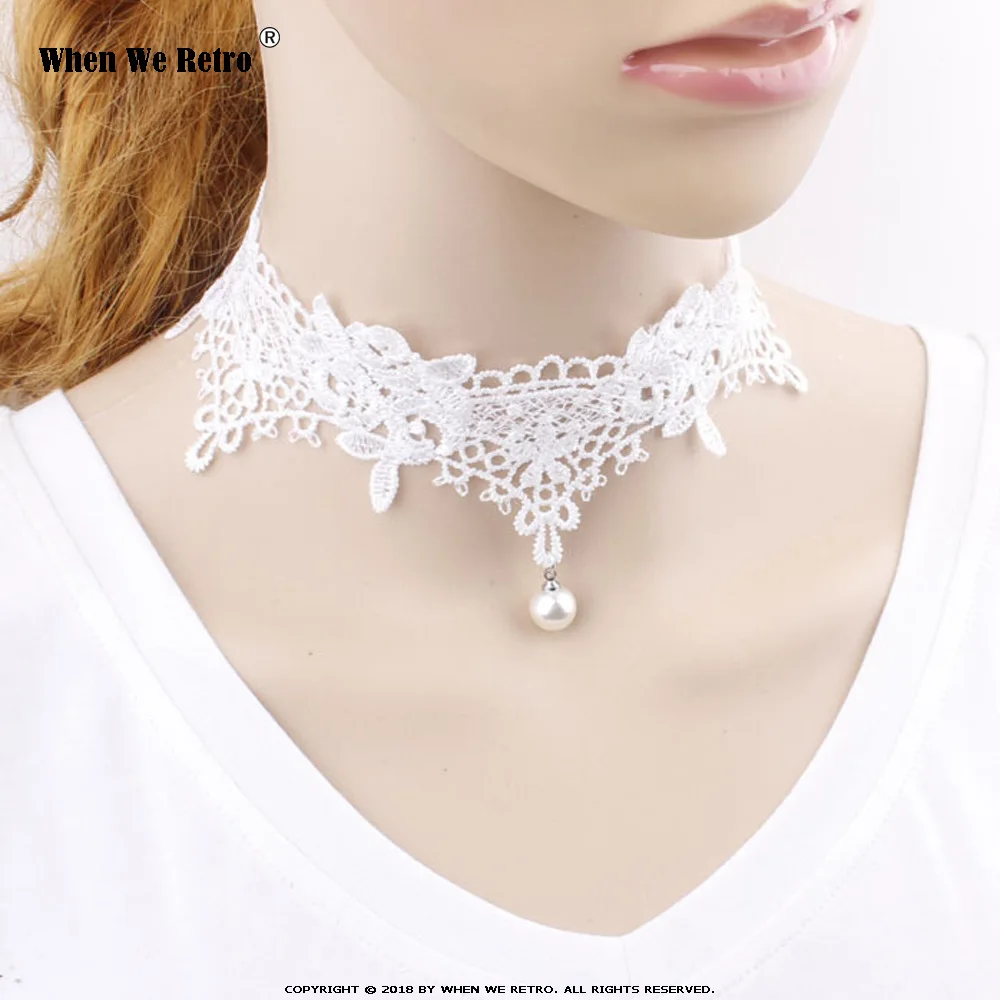 

When We Retro New Fashion Gothic Tattoo Wedding Jewelry White Hollow Out QY0481 Flower Pearl Lace Choker For Women
