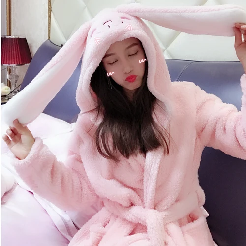 Pink robe Женский зимний халат, женский милый бархатный банный халат кораллового цвета с рисунком лисы и кролика, теплая одежда для сна с милыми животными, банные халаты - Цвет: Pink robe