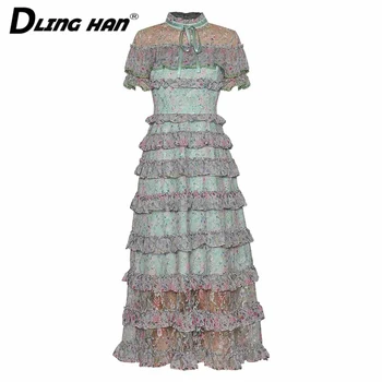 

DLINGHAN Fashion Floral Print Mesh Dress Elegant Cascading Ruffle Stand Collar Short sleeve Party Dresses Designer Summer New