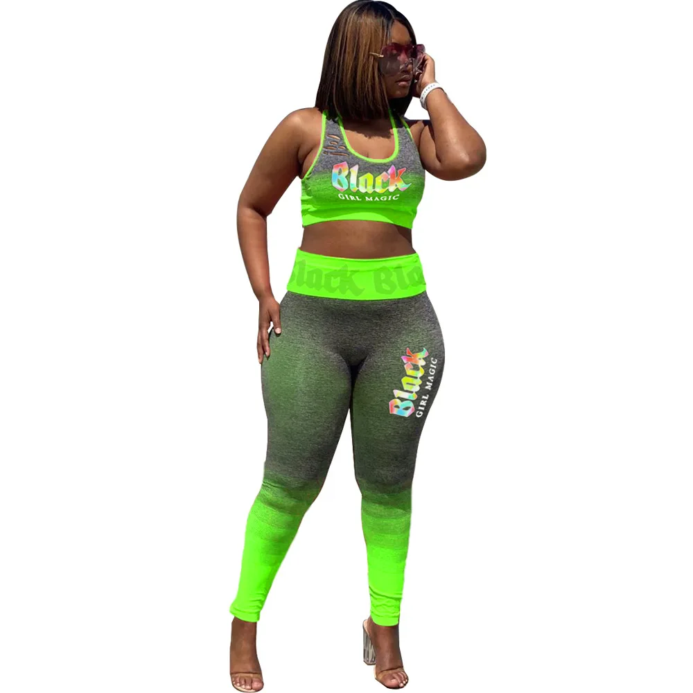 

Letter Print Women Tracksuit Color Patchwork Tank Crop Top Leggings Two Piece Set Fashion Sports Gym Fitness Seamless Outfits