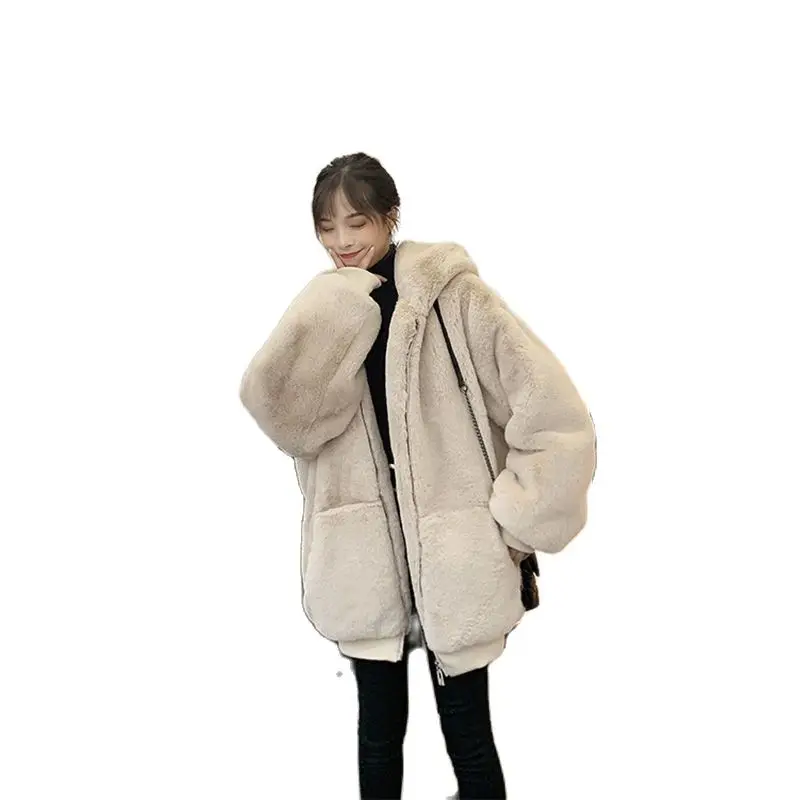 2022 Winter Female New Korean Loose Thin Plush Jacket Women Imitation Rabbit Fur Imitation Fur Mid-Length Thick Hooded CoatA1007