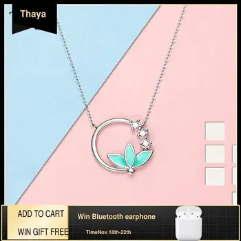 

Thaya Design Silver Plated Lotus Necklace Artificial Crystal Silver Color Chain Green Leaves Fine Jewelry For Women Gift