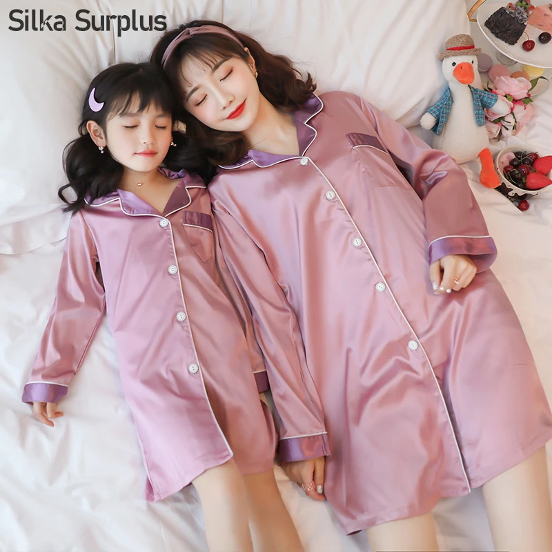 Silka Surplus, женская ночная рубашка с длинными рукавами, Весенняя Пижама для родителей и детей, домашняя одежда с отложным воротником, сексуальные шелковые ночные рубашки