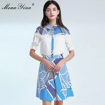 

MoaaYina Fashion Designer Set Summer Women Short sleeve Shirt Lace Ruffles Tops+Half skirt Stripe Print Two-piece suit