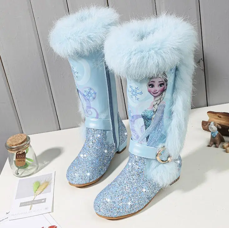 

Elsa princess kids high boots new winter girls boots Brand Children's over the knee boots for girls snow shoes pink blue