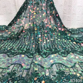 

Green African Net lace Latest French Sequin lace fabric 2020 Nigerian Mesh lace fabrics 5 yards for Bridal Wedding Dress HJ3408