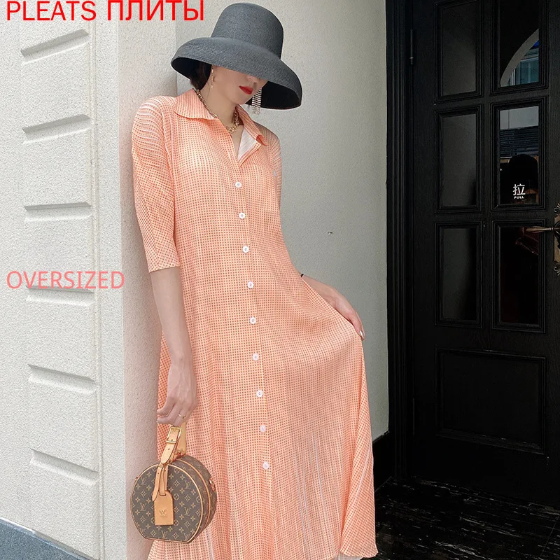 

Korean Style Polka Dot Mid-length Shirt Dress, Plaid, Slim, Temperament, Loose, Pleated, Elegant, Summer, New