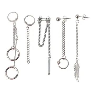 

5Pcs Titanium Steel KPOP Boy Album Tassel Chain Drop Earrings Kit Korean Jewelry