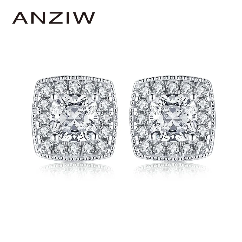 ANZIW 925 пробы Серебряная Подушка Cut 6 5x6 5 мм CZ серьги из гало 1CT серебряные