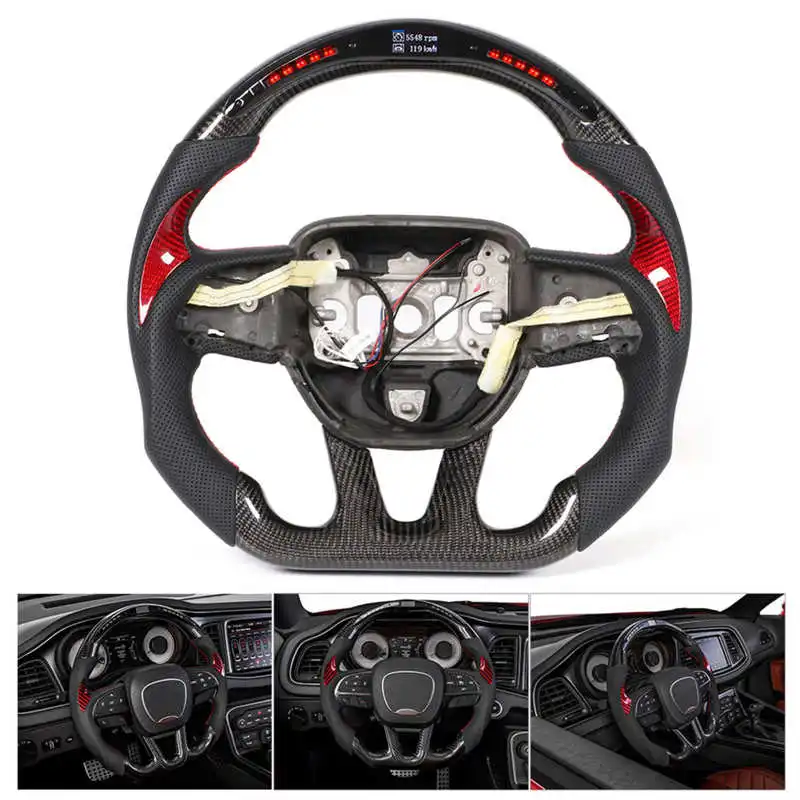 닷지 챌린저 SRT HELLCAT 2015-2020 용 탄소 섬유 가열 LED 디스플레이 시프트 라이트 스티어링 휠 교체