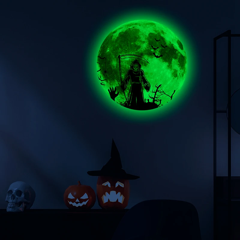 Хэллоуин украшения светящиеся наклейки на стену Grim Reaper светящаяся Луна стикер