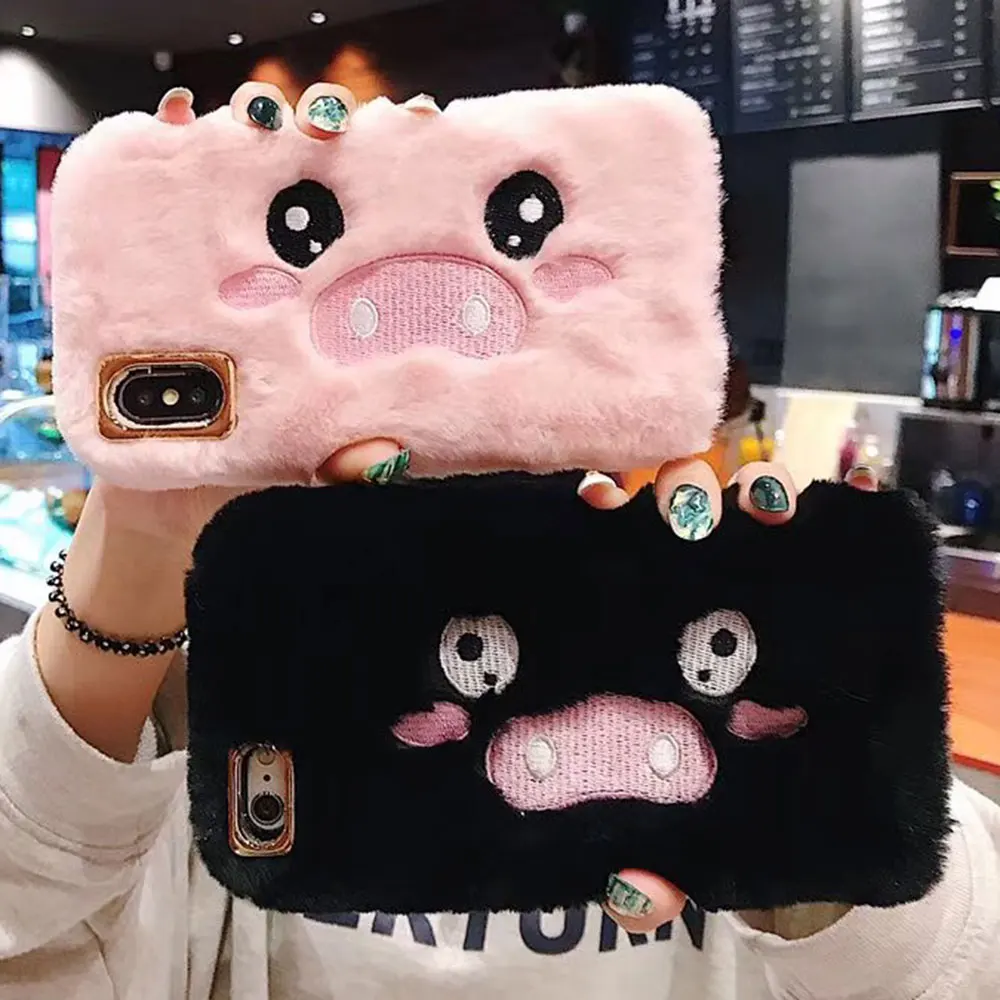 

Fur Fluffy Warm Cartoon Pig Phone Case For iPhone XR/XS Max/X 6/6S/7/8 Plus Cute Winter Plush Embroidery Soft TPU Back Cover