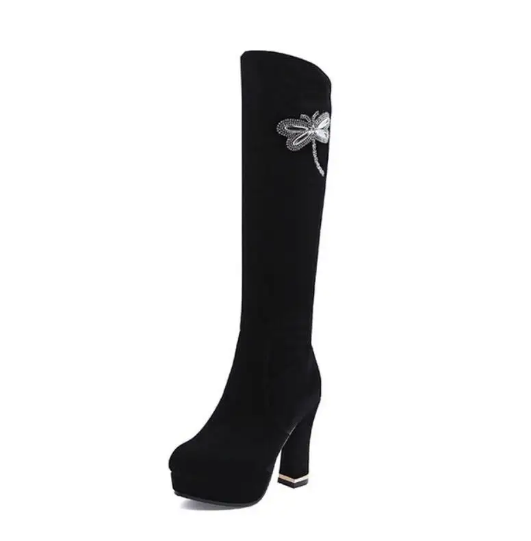 Женские модные зимние сапоги до колена, тонкие сапоги повседневные туфли-лодочки женская обувь удобные теплые сапоги на высоком каблуке с молнией mujer G393 - Цвет: Black